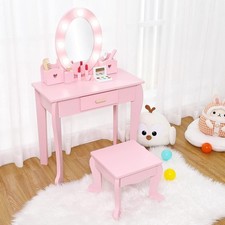 Girls' Vanity Table Chair Set Kids Makeup Dressing Table w/ Light Mirror Drawer