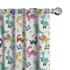 Dinosaur Curtains, Hello Dino Typography with Funky Creatures and Plant Eleme...
