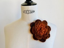 Large Crochet Knit Flower Brooch Corsage Pink Purple Brown Wooly Yarn Retro 5"