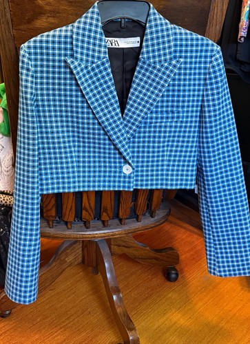 Zara blue cropped plaid blazer - cropped,