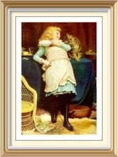 CHARLES BURTON BARBER Victorian Art Portrait Print - COAXING IS BETTER Tabby Cat