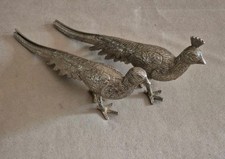Silver Metal Pair of Pheasants ~ Small Figurines ~ Decorative Ornaments