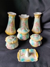 Vintage Porcelain Vanity Dressing Table Set  candle sticks trinket pots & stand 