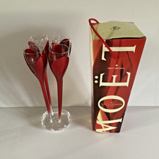 Moet & Chandon 4 Pink Red Tulip Glass Champagne Flutes Acrylic Base Original Box