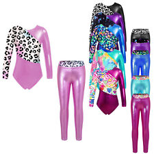 Girls 2 Piece Gymnastics Dance Outfits Metallic Leotard with Leggings Tracksuit