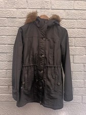 hollister parka coat womans size small black with faux fur hood #135
