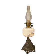Victorian Duplex Oil Lamp – Hand-Painted Font – Cast Metal Base