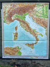 Vintage geographical map of ITALY  & the BALKANS roll down school map/chart 1965