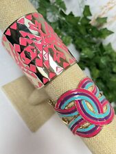 Wide Pink & Multi-Color Enamel Cuff Bracelets - Gold Tone