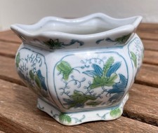 Vintage Chinese Hexagonal Porcelain Planter Green Floral Wavy Rim