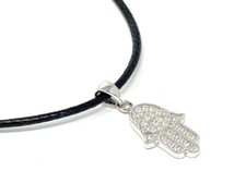 Sterling Silver Hamsa Pendant with Cubic Zirconias on 41-46 Leatherette Necklace