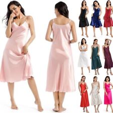 UK Ladies Satin Nightdress Straps Chemise Slip Sexy V Neck Nightshirts Nightgown