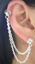  ~ UK Seller ~  A  Non Pierced Silver Tone Double Chain Ear Cuff  Clip Stud Wrap