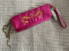 Fuschia Pink Satin Clutch Bag With Wrist Strap - Embroidered Shrimps - BNWT