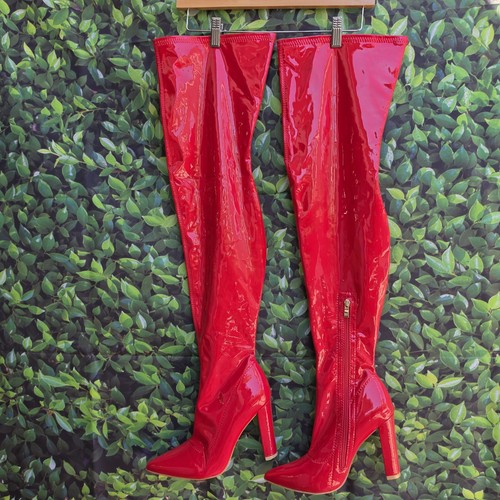 Red patent thigh high - patent, boots