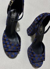 M&S PRINTED FABRIC HIGH BLOCK HEEL ANKLE STRAP SANDALS IN BLUE Mix UK 5.5 EUR 39