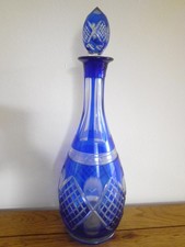 VINTAGE BOHEMIAN COBALT BLUE HAND-CUT-TO-CLEAR GLASS CRYSTAL DECANTER VASE - 14"