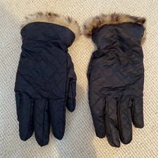 Debenhams Ladies One Size Black Quilted Gloves With Faux Fur Trim Preowned