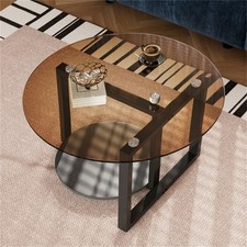 Round Coffee Table Tempered Glass Black Sofa Side Table Living Room Metal Frame