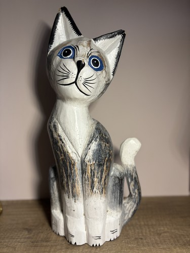 Carved wood cat - carved, blue