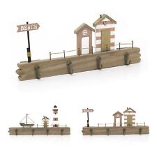 Coastal Beach Hut Plaque with 4 Wall Hooks - Nautical Wooden Hanger Decor - 34cm