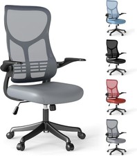 Office Chair Grey Mesh Faux Leather Premium Flip-Up Armrests Tilt Adjustment 