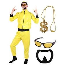 90'S RAPPER MENS FANCY DRESS COSTUME YELLOW TRACKSUIT GLASSES $ CHAIN BEARD TV