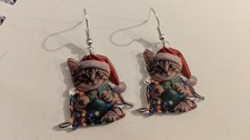 Tabby Kitten Cat Christmas Acrylic Plastic Earrings 