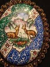 Antique/vintage Hand Painted Enamelled Brooch In White Metal Frame