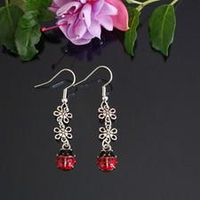 Silver Flowers And Enamel Ladybug Ladybird Silver Dangle Drop Earrings