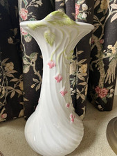 Vintage Handpainted Pink Buds Swirled White Ceramic Jardiniere Plant Stand 15"