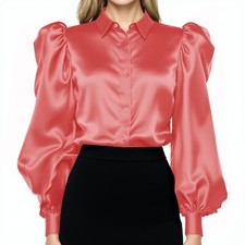Salmon Women Satin Puff Long Sleeve Blouse Button Down Shirt Casual Work Wear