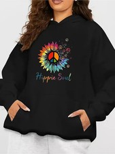 Hippie Soul Peace Sign Floral Graphic Pullover Hoodie Boho Women’s Sweatshirt