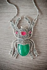 Sterling Silver 925 Egyptian Ankh Scarab Beetle Pendant Necklace With Gems