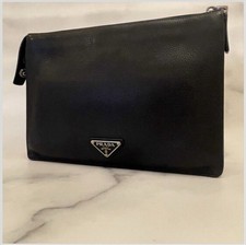 【Good Condition!】PRADA Clutch Bag Navy Calf Leather Silver Auth