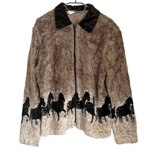Vintage Horse Print Fleece Size Large Jacket Brown Zip Up