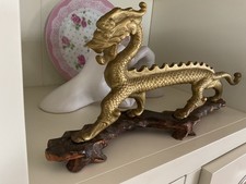 Vintage Solid Brass Chinese Dragon On Wooden Stand  - 320 mm long