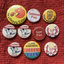Vintage Button Badge Bundle, Golden Wonder, Happy Eater Mister Softer Jelly Tots