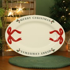 Ceramic White Plate Bow Merry Christmas Dinner Tableware Dining Table Gloss Xmas