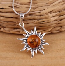 Natural Baltic Amber Large Sun Pendant 925 Sterling Silver Amber Necklace Chain