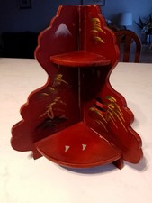JAPANESE, LAQUERED WOOD, HAND DECORATED, CORNER, WALL MOUNTED TWO SHELF BRACKET.