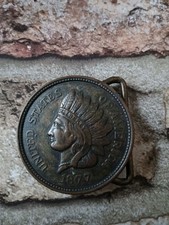 Vintage Belt Buckle Indian Native American Penny 1877 Coin Western Americana
