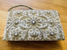Vintage 1960s Zardozi embroidered velvet gold wire peacock evening clutch bag.