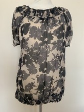 Ladies Black Print Slightly Sheer Elasticated Hem Top Size 18 Peacocks Worn Once