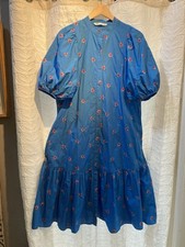Zara Cotton Blue And Pink Flower Elasticated Puff Sleeves Dress Size S 