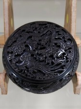 ANTIQUE CHINESE CINNABAR LIDDED BOX  DEPICTING DRAGONS.
