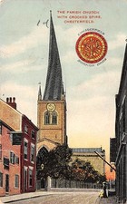 CROOKED SPIRE CHESTERFIELD PARISH CHURCH POSTCARD 1910 HOME POST CACHET POSTMARK