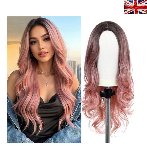 Ombre pink long wavy synthetic - pink,