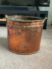 Large Antique  Copper Riveted Coal Log Bucket / Planter
