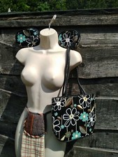 Bueno Black Floral Turquoise Retro Hand Bag With Matching Make Up Bag & Purse